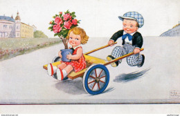 CPA. Par John Wills - Enfant Transporte Dans Une Brouette Un Fillette Avec Un Pot De Fleurs. - Wills, John