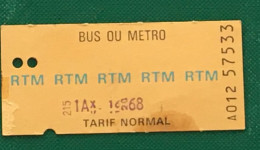 Tarif Normal Titre De Transport-Ticket Simple-Bus Ou Métro De Marseille RTM Régie Transports Marseillais-annula. Poinçon - Europa