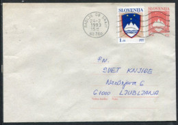 SLOVENIA 1992 5.00 T.  Postal Stationery Envelope On Grey Paper Used With Added 1 T. Stamp.  Michel U1b - Slovénie