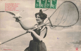 SPORT - Pêche - Femme Tenant Un Filet De Pêche - Mouette - Poème - Carte Postale Ancienne - Pesca