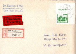 ! VGO 11.12.1990 Schönes Einschreiben Als Eilsendung Von Dresden N. Frankfurt, Eckrandstück 5 DM Schweriner Schloß, 3352 - Covers & Documents