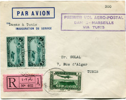 SYRIE LETTRE RECOMMANDEE PAR AVION AVEC CACHET " PREMIER VOL DAMAS....." DEPART DAMAS ?-?-38 POUR LA TUNISIE - Storia Postale