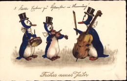 601643 | Ansichtskarte Pinguin, Musik, Kontrabass, Double Bass, Geige, Vermenschlichte Tiere  | -, -, - - Musique