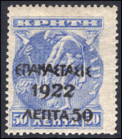 Greece 1923 Revolution 50l On 50l Ultramarine Of Crete Lightly Mounted Mint. - Ungebraucht