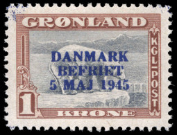 Greenland 1945 Liberation 1kr Grey And Brown With RARE BLUE OVERPRINT Unmounted Mint. - Nuovi