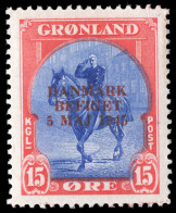 Greenland 1945 Liberation 15ø  Blue And Red With Red Overprint Unmounted Mint. - Ungebraucht