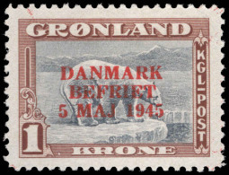 Greenland 1945 Liberation 1kr Grey And Brown With Red Overprint Lightly Mounted Mint. - Nuevos