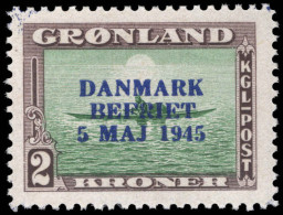 Greenland 1945 Liberation 2kr Green And Sepia With RARE BLUE OVERPRINT Unmounted Mint. - Nuovi