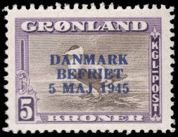 Greenland 1945 Liberation 5kr Brown And Purple With Blue Overprint Lightly Mounted Mint. - Neufs