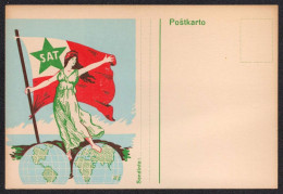 Esperanto Sennacieca Asocio Tutmonda  SAT In Green Star Flag Held By Woman Standing On Two Sides Of World Globe.  - Esperanto