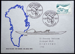 Greenland Card Kayak Post TASIUSSAK KAK ORTOK 30-8-1972 With Cachet Sent To Denmark( Lot  6140 ) - Lettres & Documents