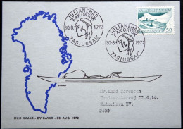 Greenland Card Kayak Post TASIUSSAK KAK ORTOK 30-8-1972 With Cachet Sent To Denmark( Lot  6404 ) - Briefe U. Dokumente