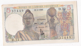 Banque De L'Afrique Occidentale 5 Francs 22 4 1948, Alph : D 72 N° 37449, Non Circuler, Avec Son Craquant D’origine - Otros – Africa
