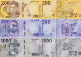 KYRGYZSTAN 200 500 1000 Som 2023 P W37 W38 W39 UNC 3  Banknotes Set, Matching Two Last Serials - Kirgizïe