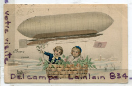 - Bonne  Année - Petit  Ballon Dirigeable, Magnifique, épaisse, Enfants Dans La Nacelle, écrite, 1907, TTBE, Scans. - New Year