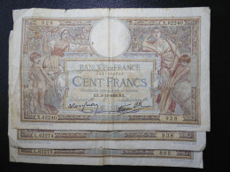 3 Billets (Banknotes), 100 Francs, MERSON, 3-11-1938, N° : X.62240-928, L.62274-938 & L.62275-802, (P.086b, F.25.34) - 100 F 1908-1939 ''Luc Olivier Merson''