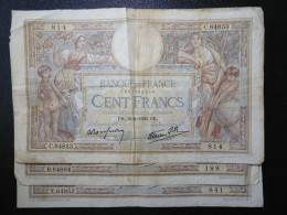 3 Billets (Banknotes), 100 Francs, MERSON, 16-2-1939, N° : C.64853-814, B.64884-189 & X.64953-841, (P.086b, F.25.43) - 100 F 1908-1939 ''Luc Olivier Merson''