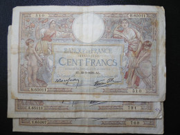 3 Billets (Banknotes), 100 Francs, MERSON, 30-3-1939, N° : B.65011-510, A.65111-791 & Y.65367-769, (P.086b, F.25.44) - 100 F 1908-1939 ''Luc Olivier Merson''