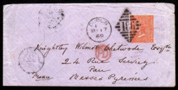 1869 Flimsy Cover Addressed To Pau (Fr. Pyrinees) Franked With Wmk. Large Garter 4d Vermillion Pl. 10 (RR!) - Préphilatélie