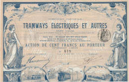 TRAMWAYS ELECTRIQUES ET AUTRES -TRES BELLE ACTION ILLUSTREE DE 100 FRS -ANNEE 1899 - Ferrovie & Tranvie