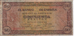 BILLETE DE ESPAÑA DE 50 PTAS DEL 20/05/1938 SERIE D (BANKNOTE) (CON ROTURA LADO DERECHO - 50 Pesetas