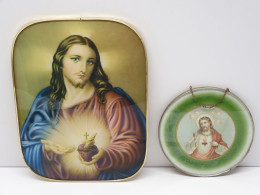 - PLAQUE JESUS GLACOÏDE & 1 Cadre Rond / Verre Souvenir Philibert VRAU LILLE  E - Religious Art