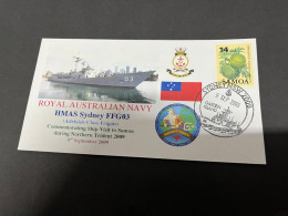 7-7-2023 (1 S 34) Royal Australian Navy Warship - HMAS Sydney FFG 03 (visit To Samoa) With Samoa Fruit Stamp - Otros & Sin Clasificación