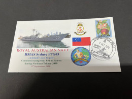 7-7-2023 (1 S 34) Royal Australian Navy Warship - HMAS Sydney FFG 03 (visit To Samoa) With Samoa Flower Stamp - Otros & Sin Clasificación