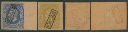 Essai - épreuve De La Planche (émission 1869) Sur Papier Gommé : 10C Bleu + 10C Jaune/olive + Surcharge SPECIMEN - Ensayos & Reimpresiones