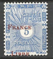 COTE DES SOMALIE TAXE N° 21 Surcharge Déplacée NEUF* INFIME TRACE DE CHARNIERE  / Hinge  / MH - Otros & Sin Clasificación