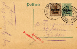 BELGIQUE - COB OC 11 SUR ENTIER 5 CENT. OCCUPATION POST UBERWASCHUNGS STELLE TOURNAI + CENSURE, 1917 - Armée Allemande