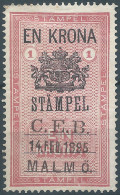 Suède-Sweden-Schweden,SVERIGE,Svezia,1895 Revenue Stamp Tax Fiscal STAMPEL,C.E.B. Malmo. 1Krona - Fiscali
