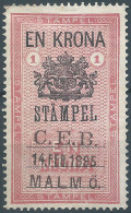 Suède-Sweden-Schweden,SVERIGE,Svezia,1895 Revenue Stamp Tax Fiscal STAMPEL,C.E.B. Malmo. 1Krona - Fiscale Zegels