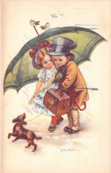 Illustrateur - Castelli - Couple D'enfants Qui Se Promènent Sous La Pluie Avec Un Chien -  Carte Postale Ancienne - Castelli
