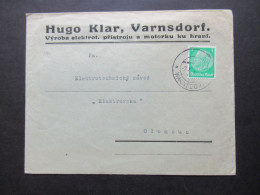 3.Reich Sudetenland 1938 Firmenbrief Hugo Klar, Varnsdorf Motorku Stempel Warnsdorf Nach Olomouc Gesendet - Sudetes