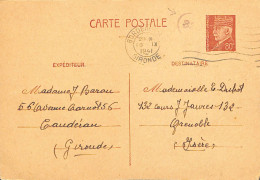 23-0580  Entier Postal 1941 Bordeaux Pour Grenoble Cachet Rond 82 - Cartes Postales Repiquages (avant 1995)
