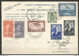 Belgique Et Congo - Poste Aérienne - Carte Liège-Leopoldville - Timbres Stanley, Reine Elisabeth - Avion Pélican - Autres & Non Classés