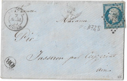 0014. LSC Affie Timbre N°14 Càd Douera (ALGERIE) Pour L'Ain - Nbrx Cachets Au Verso - Ob. O.R. (Origine Rurale) - 1859 - 1849-1876: Classic Period