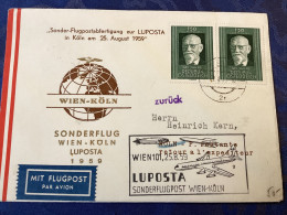 Sonderflugpost Wien Köln Zur Luposta 1959 - Flugzeug Zeppelin Rocket Fusée Avion Airplane - Erst- U. Sonderflugbriefe