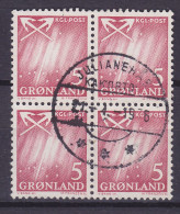 Greenland 1963 Mi. 48, 5 Øre Nordlicht 4-Block Deluxe JULIANEHÅB Kakorto Cancel !! - Blocks & Sheetlets