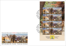 CHAD TCHAD 2023 SHEET 4V FDC - MONKEYS LION ELEPHANT FROGS HIPPOPOTAMUS RHINOCEROS FOX MUSHROOMS TUTLE GIRAFFE - Tchad (1960-...)