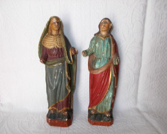 Antike Holz Polychrom Figuren Skulpturen Pair Santos - Arte Religioso