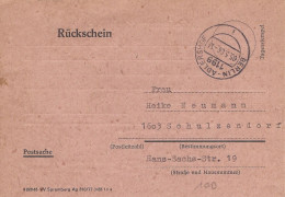 Deutschland Germany 1986 Berlin Advice Receipt Ruckschein - Etiquettes 'Recommandé' & 'Valeur Déclarée'