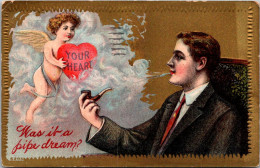 Valentine's Day Was It A Pipe Dream Man Smoking Pipe With Cupid Image In Smoke 1912 - Valentinstag