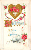 Valentine With Doves Gold Heart And Roses 1914 - Valentinstag