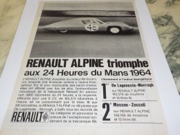 ANCIENNE PUBLICITE 24 HEURES DU MANS  ALPINE  RENAULT 1964 - Voitures