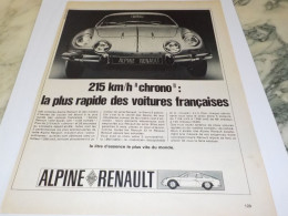 ANCIENNE PUBLICITE 215 KM/H CHRONO  ALPINE  RENAULT 1967 - Voitures