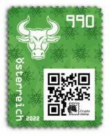 2022 AUSTRIA OSTERREICH CRYPTO NEW BULL TORO TIRATURA LIMITATA Colour Green - Storia Postale