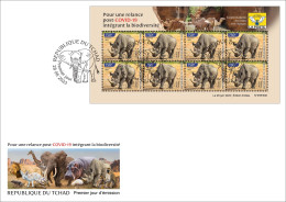 CHAD TCHAD 2023 SHEET FDC - RHINOCEROS - COVID-19 CORONAVIRUS PANDEMIC CORONA RECOVERY - Rinocerontes