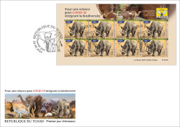 CHAD TCHAD 2023 IMPERF SHEET FDC - RHINOCEROS - COVID-19 CORONAVIRUS PANDEMIC CORONA RECOVERY - Rinocerontes
